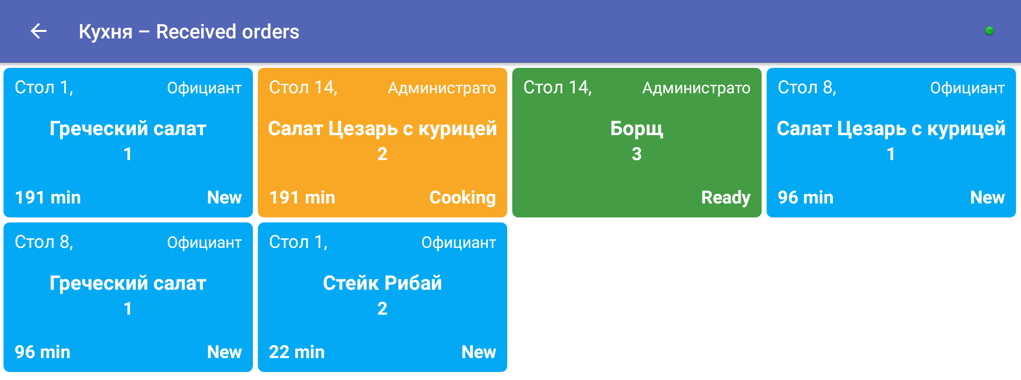 Экран списка заказов на кухне или баре